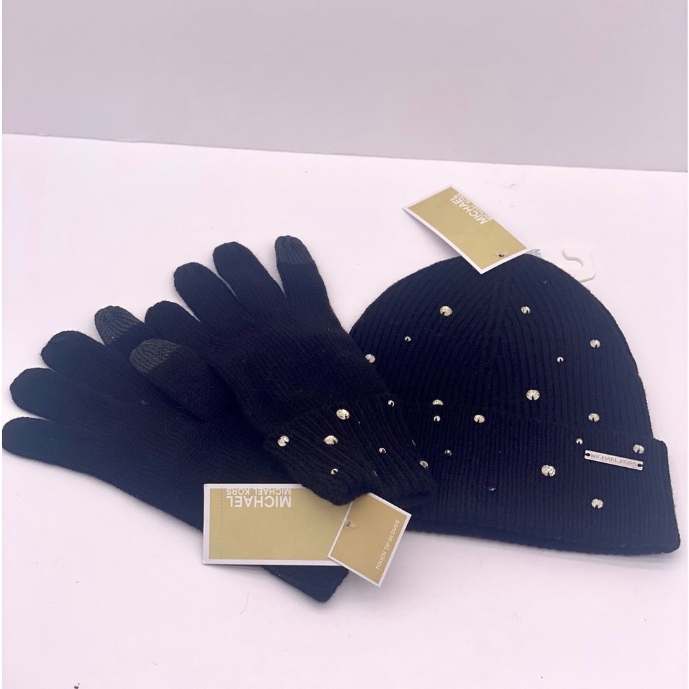 Michael Kors Crystal Embellished Logo Beanie Hat and Gloves Set Acrylic - Picture 9 of 11